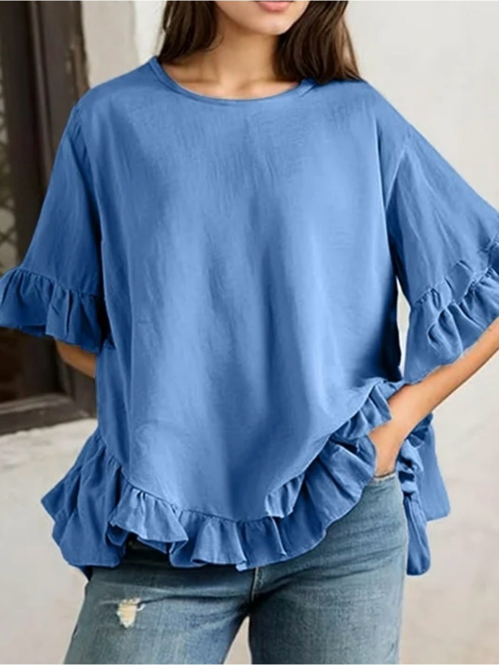 Amazon Essentials Light Blue Ruffle Sleeve Tunic Top